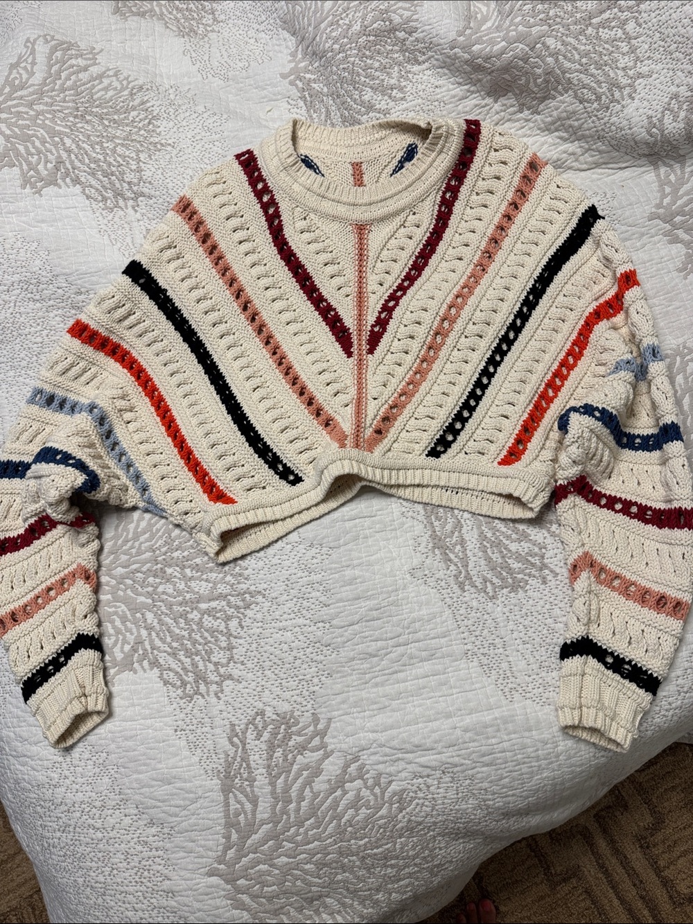 BA&SH Cropped Cream Cable-Knit Sweater with Multicolor Stripes